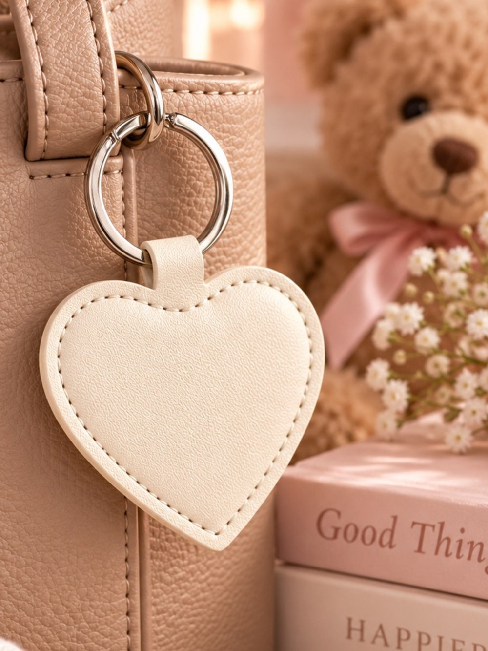 Ivory Heart Keychain – Faux Leather Bag Charm